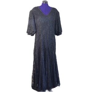 Interlude Vintage Black Lace Beaded Dragonfly Dress